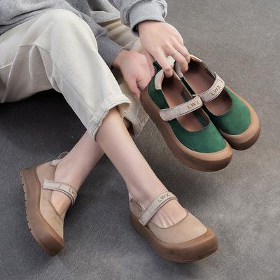 Casual Thick Soled Shoes Round Toe Genuine Leather Comfortable Women's Flat Platform Shoes