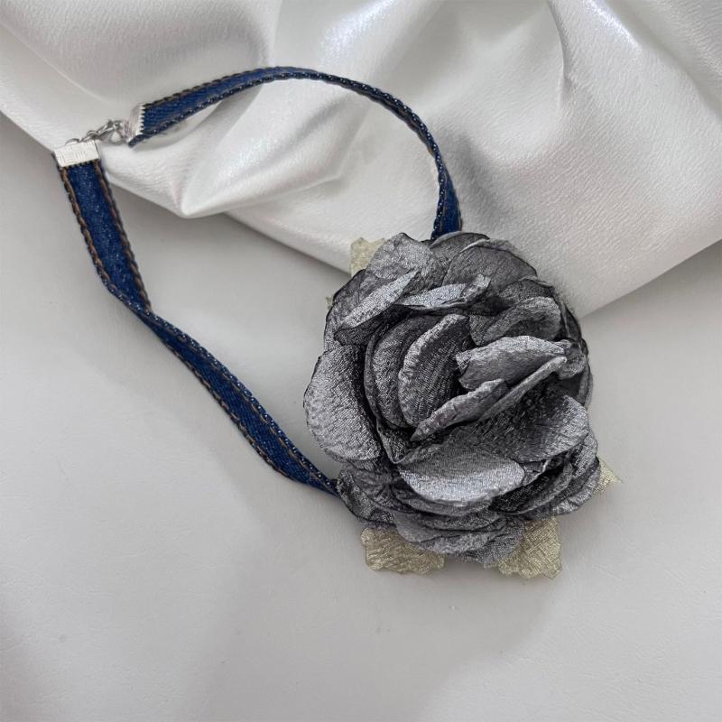 Goth Cloth Big Rose Pendant Choker Blue Rope Necklace for Women Elegant Weave Knotted Bowknot Adjustable Chain Jewelry