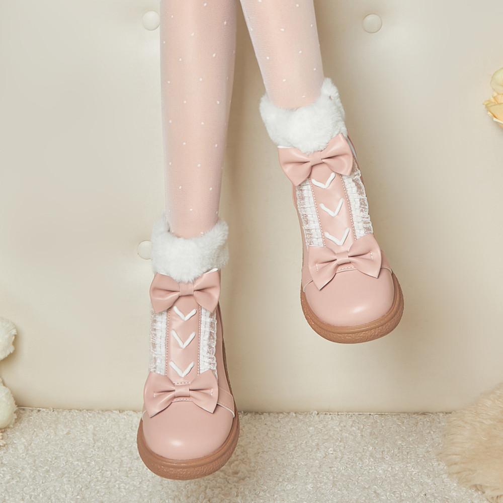 Fashion Faux Fur Winter Lolita Girl's Boots PU Leather Warm Plush Boots Anti-slippery Vintage Fashion Plush Boots For Big Girls 31-43