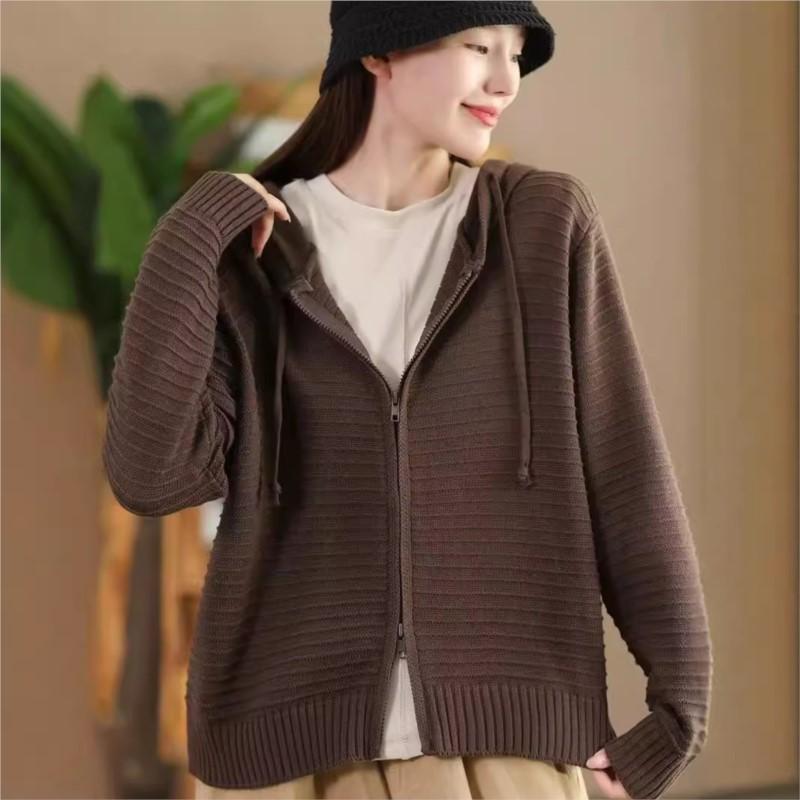 

Johnature Женский осенний модный повседневный свитер с капюшоном на молнии с длинными рукавами, однотонный модный свитер в китайском стиле One Size кофейный