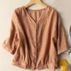 Women Summer New Retro Literary Style Linen Blend V Neck Half Sleeve Casual Simple Blouse