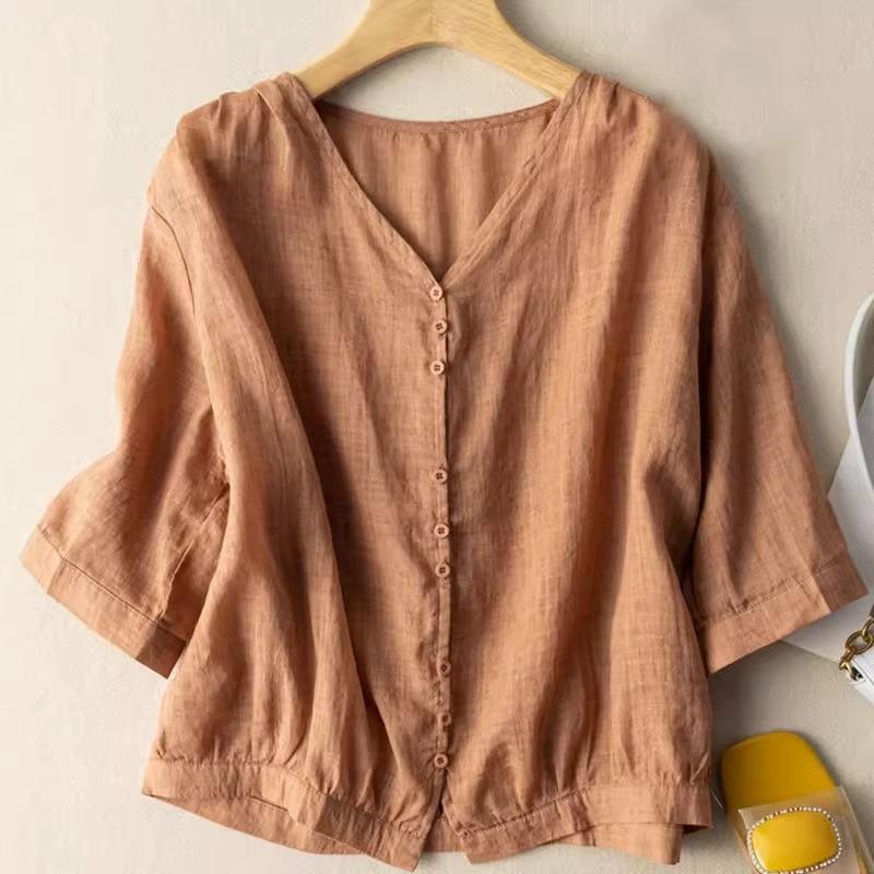 Women Summer New Retro Literary Style Linen Blend V Neck Half Sleeve Casual Simple Blouse