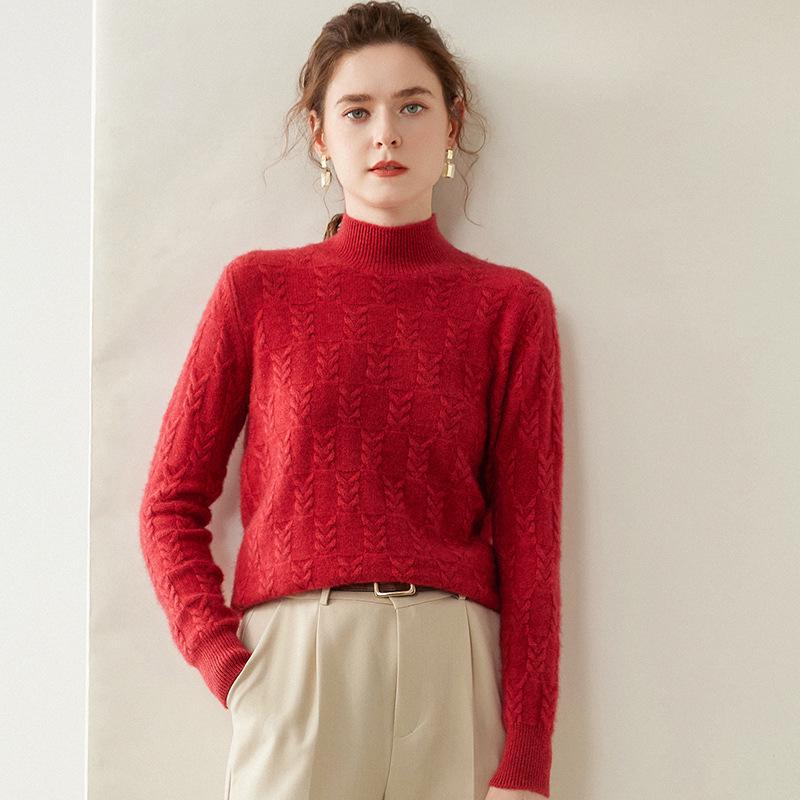 Women's Heavyweight Cashmere Cable Knit Top, Long Sleeve, Semi-High Neck, Loose, Warm Sweater for Autumn/Winter.