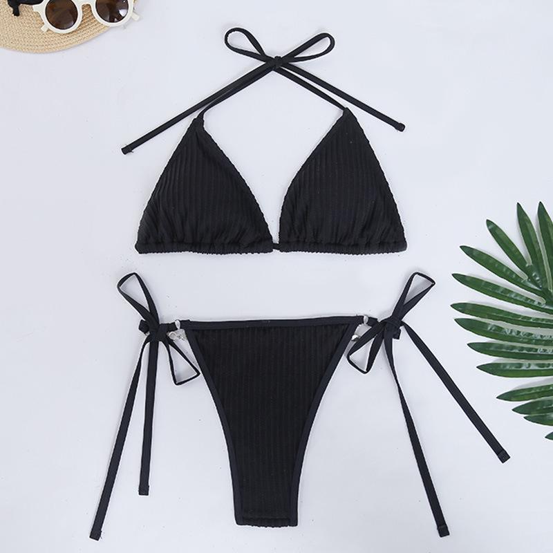 

2024 Европейский и американский стиль однотонный купальник бикини с завязками на шее Large чёрный