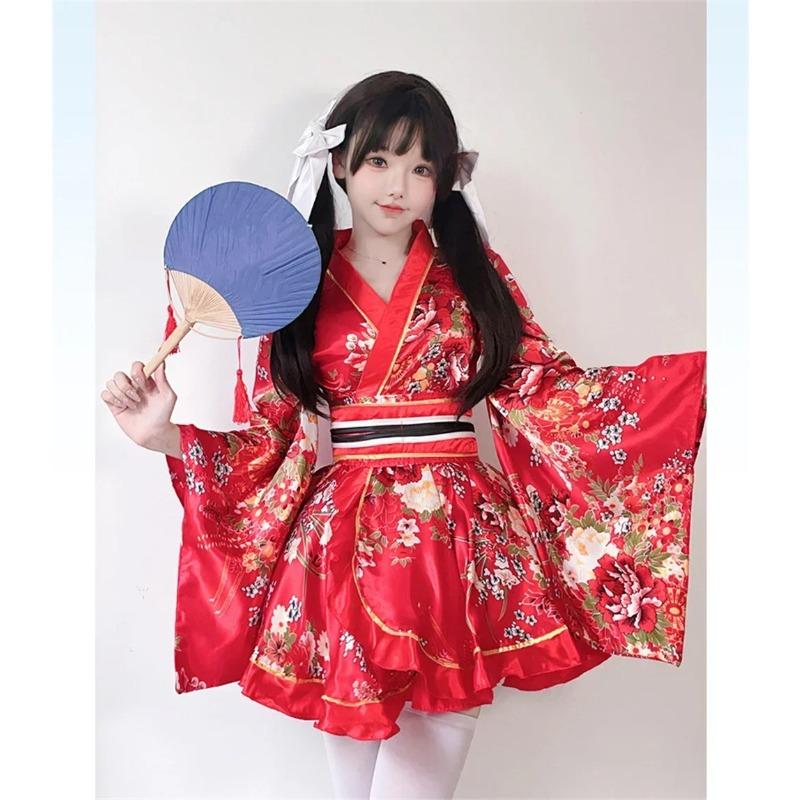 Japanese Yukata Robes Kawaii Girls Floral Printed Haori Suit Lovely Lolita Dress Women Maid Cosplay Costume Halloween