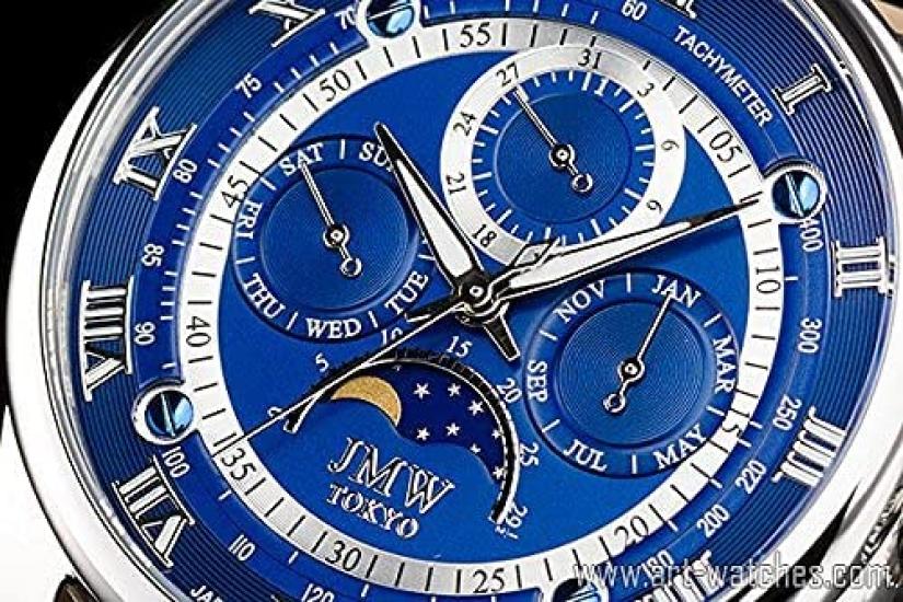 JMW TOKYO Moon Phase Watch 100m Water Genuine Leather Roman Blue Silver Limited Edition of 300 Perfect Day Gift Men's [Japanese Movement] Resistant,