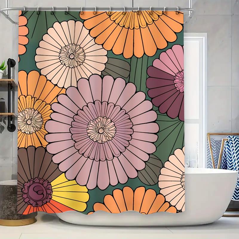 

White Fluffy Dog Bath Mat Decorative Shower Curtain For Home Bathroom Decoration With Black Flower Design Bichon Breed W60H190(CM)-1 Pcs