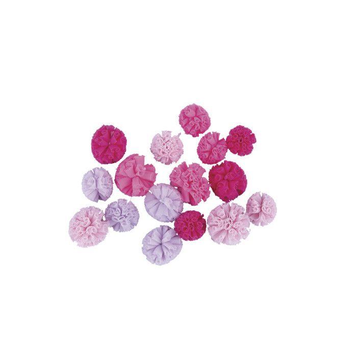 Soft Tulle Pompons assortis, tons rose foncé, ø2,5cm+ø3cm, Boite 16 pces