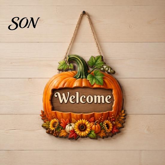 Natural Hemp Rope Hanger Autumn Pumpkin Gnome Welcome Sign for Front Door, Rustic Wood Hanging Wooden Door Decor Ornament with Fall Harvest Home Porch