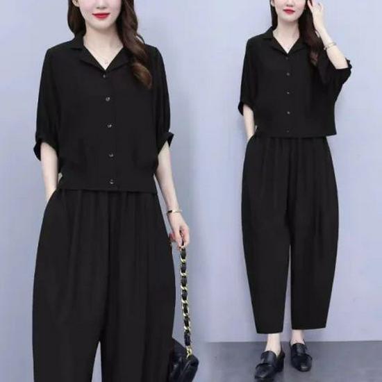 Luxury Ice Silk Women's Summer Fashion T-Shirt & Loose Two-Piece Set - Age-Defying, Belly-Covering, Solid Color