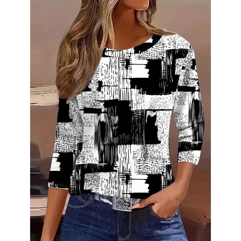 Fashion Women's Crew Neck Long Sleeve 3D Casual Color Printing Casual Short Sleeve Crew Neck T-Shirt