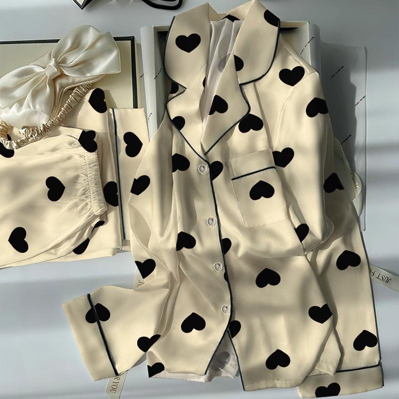 Summer Light Luxury High-Value Love Ice Silk Cool Pajamas Women'S Summer Long-Sleeved Two-Piece Loungewear Can Be Worn Outside