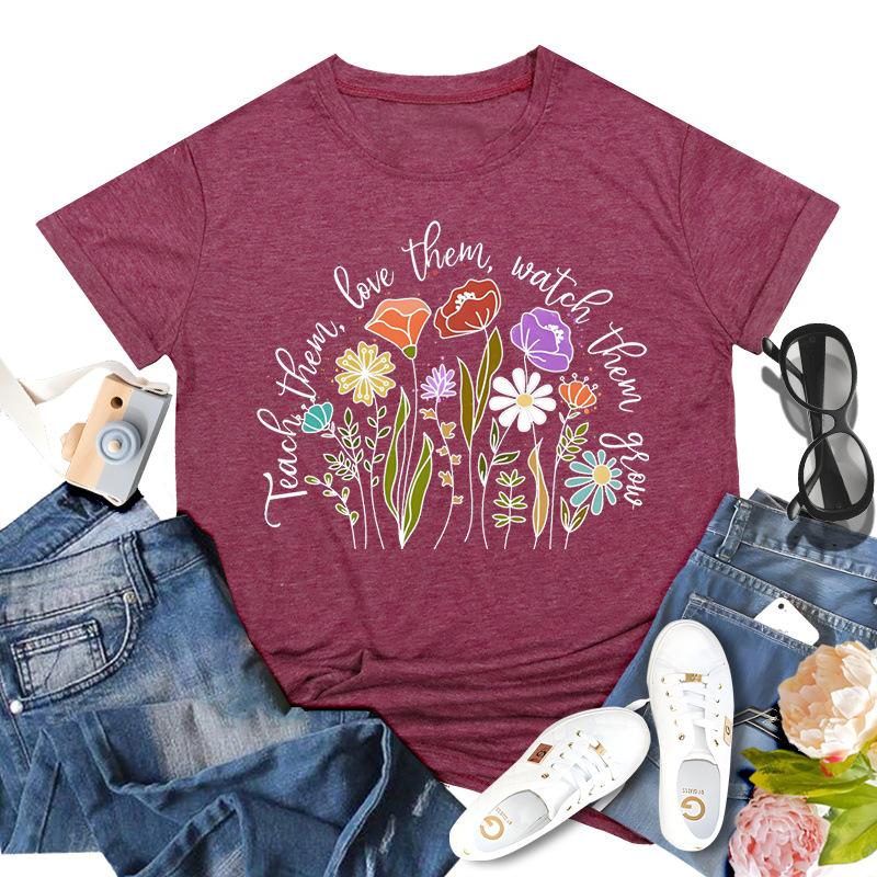 Rundhalsausschnitt, kurzärmelig, bedruckt, inspirierende Lehrerin, bequem, lässig, locker, Baumwolle, kurzärmelig, T-Shirts für Damen