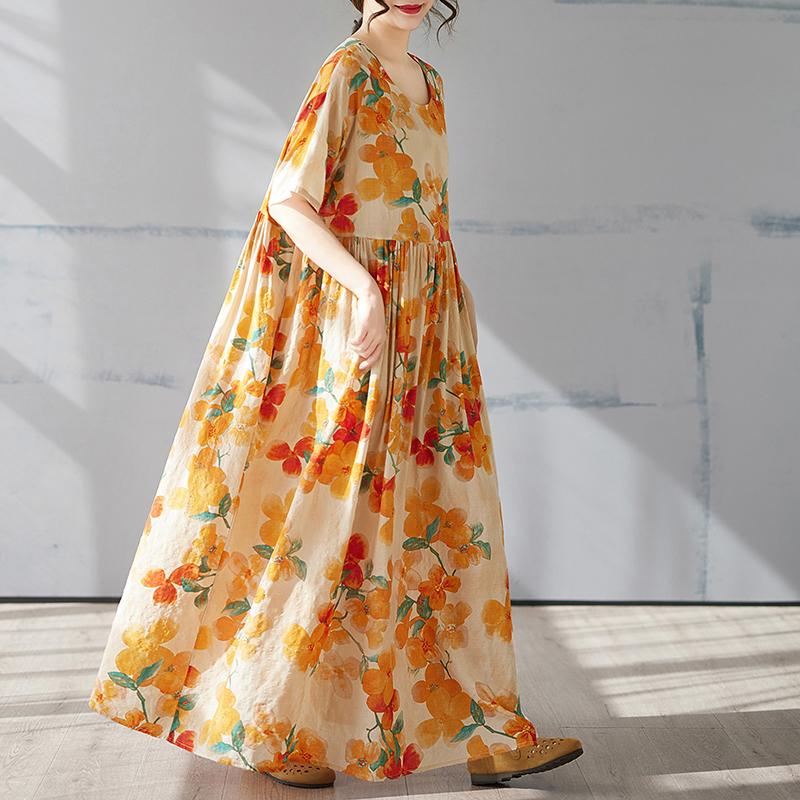 

DIMANAF 2025 Summer Plus Size Dress Women Bohemian Casual Long Dress Loose Vintage Floral Printing Dress New One Size оранжевый