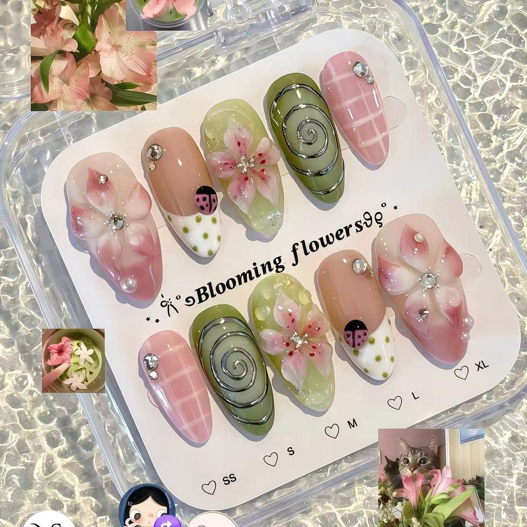 24PCS Orange 3D Carved Flowers Almond Press on Nails Green French Sweet Lemon Fake Nails Tips Wearable Full Cover Acrylic Nails