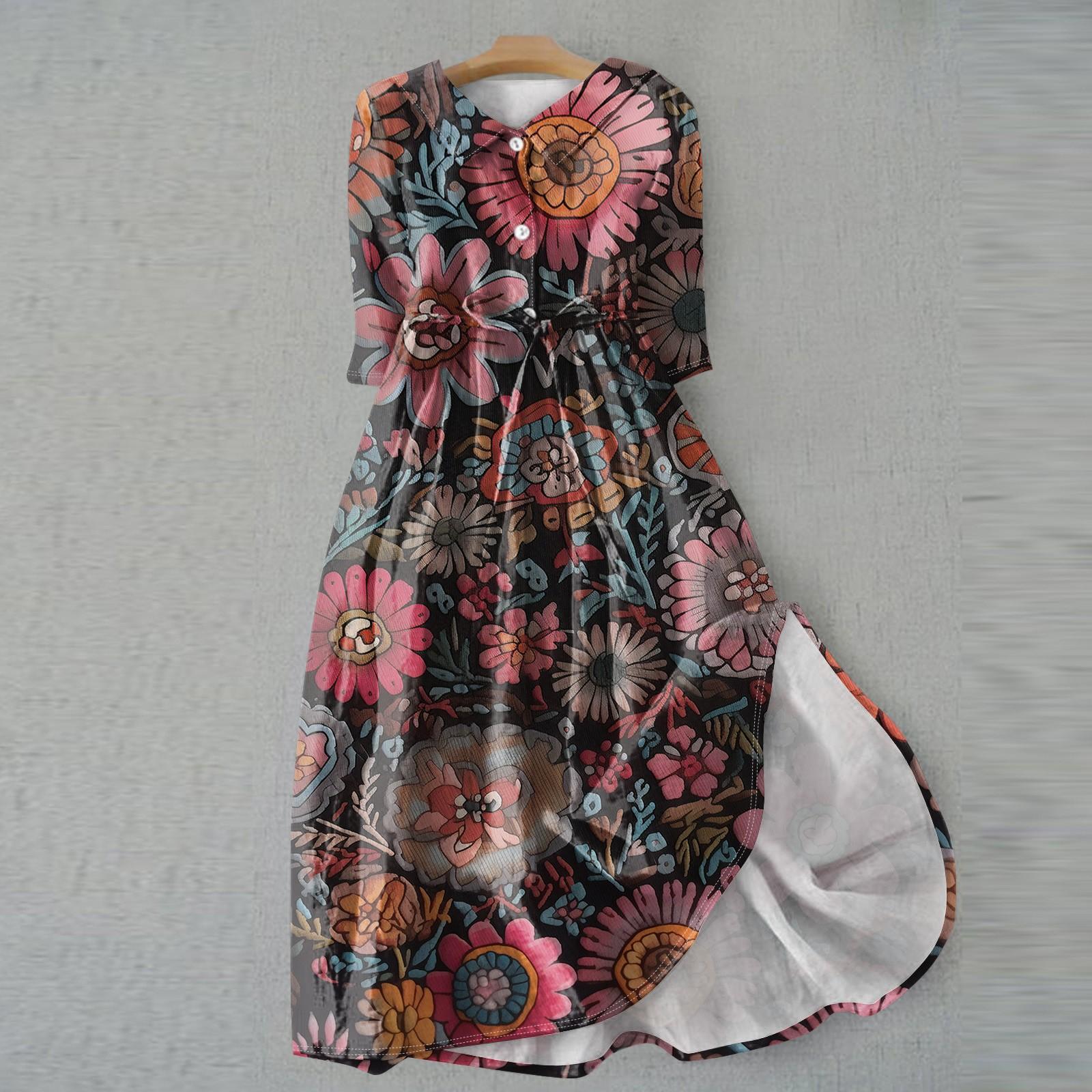 Женское модное платье с откидным воротником и рукавами 3/4 с принтом S розовый — фото 10