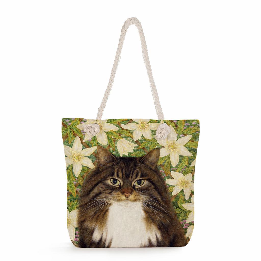 Flower Cat Print Thick Rope Single-shoulder Beach Bag 7262