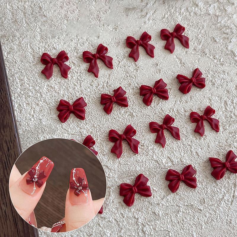 50Pcs Wine Red Resin Bow Nail Charm Bulk Mix Size 3D Ribbon Bowkont Mini Kawaii Nail Art Accessories Diy Cute Nails Decorations