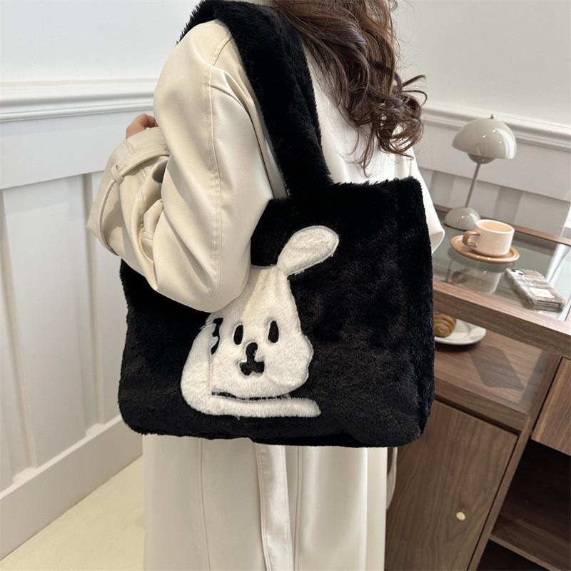 Wholesale Fashion Street Style Large Capacity Plush Tote Bag Women Winter Bunny Embroidery Shoulder Bag