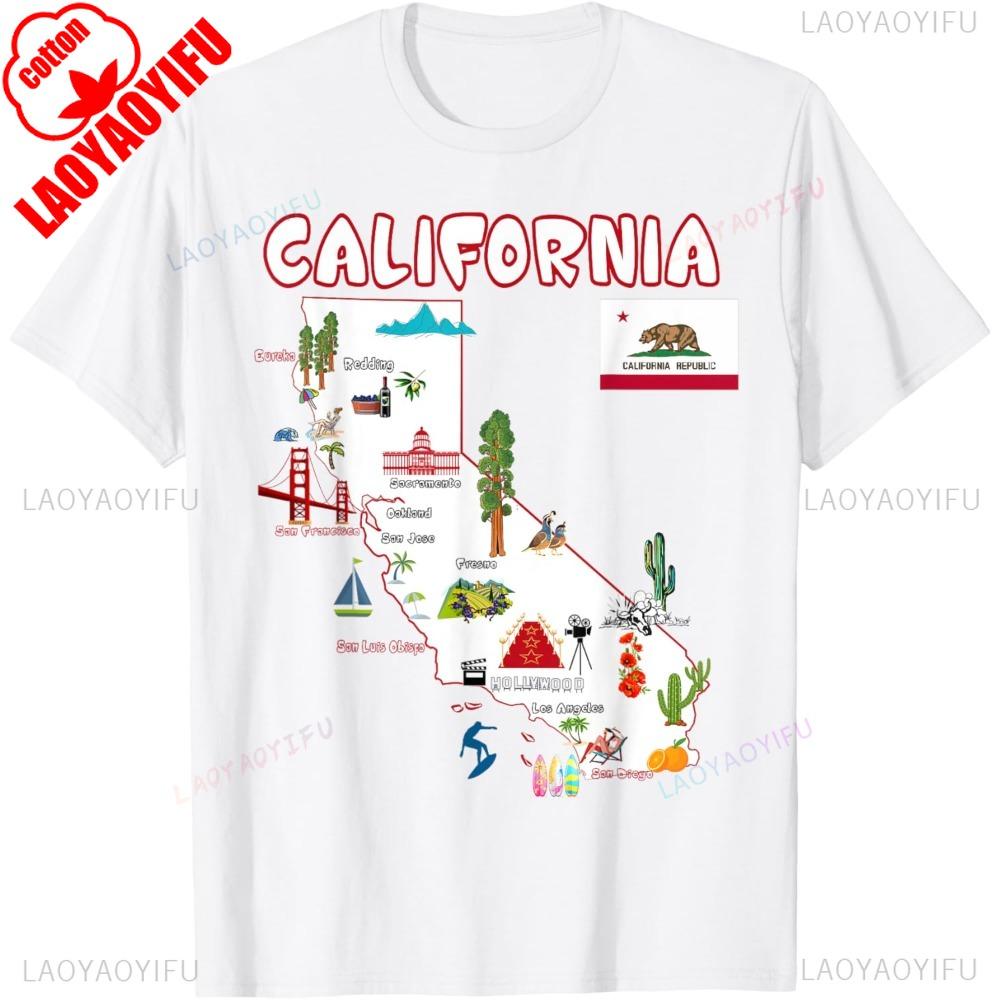 Map of California Landmarks Major Cities Flag Tshirt Funny California Souvenir Tshirt Men Women Casual Crewneck Cotton Tee