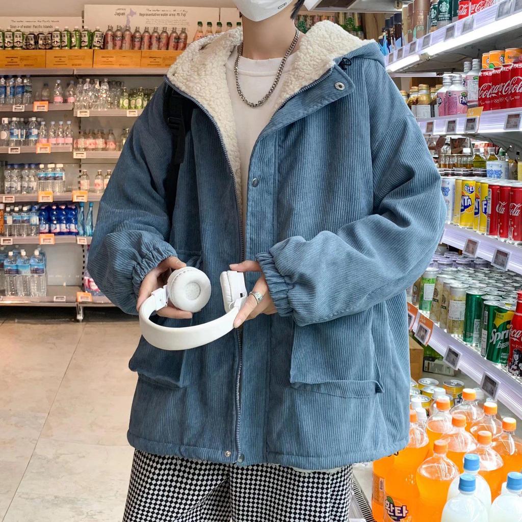 Lös herrjacka i plyschkord sammet - Tjock vinterkappa i lammsull, Koreansk stil ungdomstrend