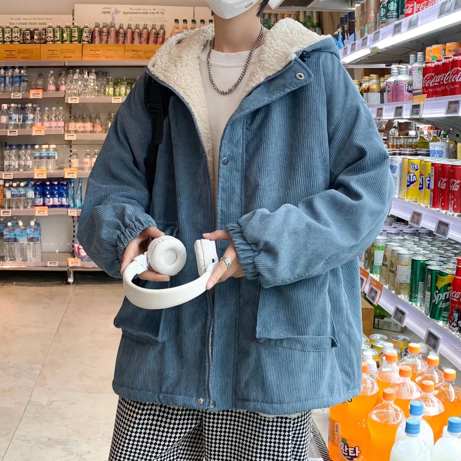 

Мужская свободная плюшевая вельветовая куртка - толстое зимнее пальто из овечьей шерсти, молодежный тренд в корейском стиле XL синий