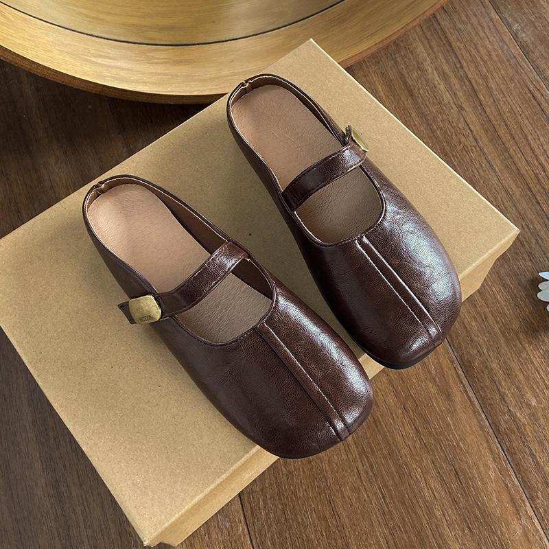 

Нишевые шлепанцы с плоской подошвой, женская обувь для лета 2025, новые французские полушлепки, ленивые, на одном ремешке 35 коричневый