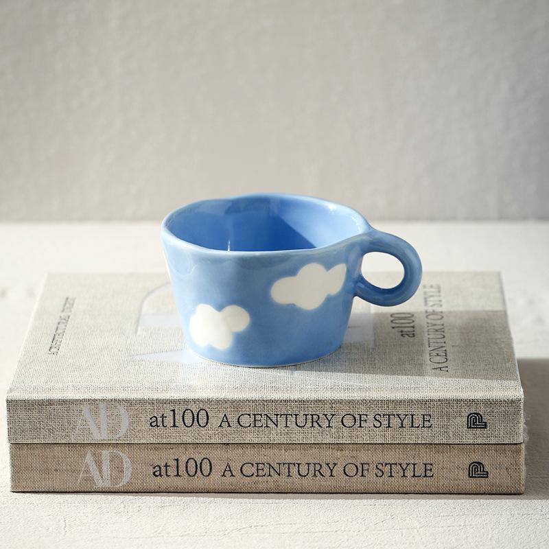 Hand Painted Blue Sky and White Clouds Ceramic Cup Underglaze Color Mug Cute Water Cup Children's Breakfast Oat Cup Milk Cup