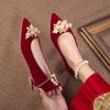 Red high-heeled wedding shoes women's new straps beaded bride toasting Xiuhe wedding dress two wear not tired feet women's shoes