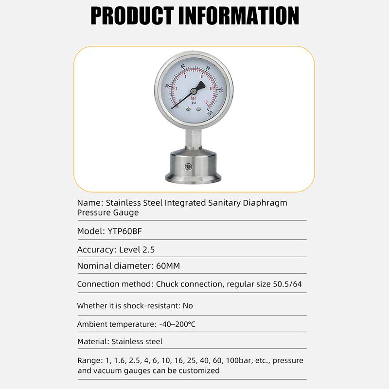 Diaphragm Pressure Gauge Stainless Steel Integrated Sanitary Vacuum Gauge 60mm 50.5 Connection-40-200°