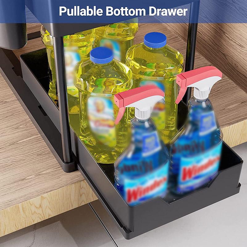 Kitchen Shelf Pull Out Organiser Sliding Cabinet Basket Organizer with Hooks 2 Tier Multi-Functional Bathroom Storage Shelf