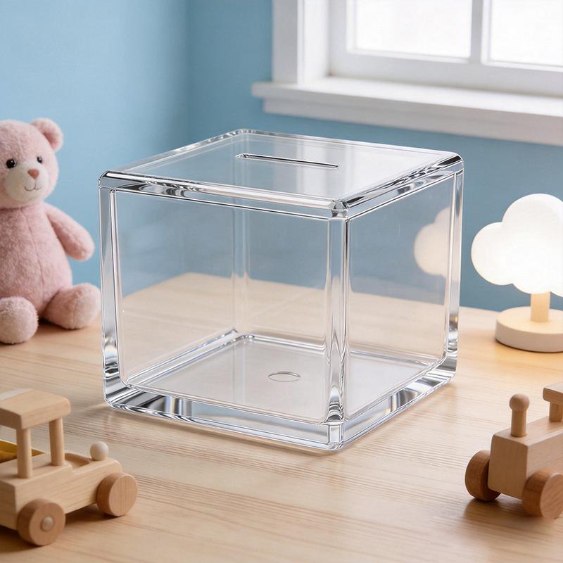 Square Clear Acrylic Piggy Bank with In-Only Slot, High Transparency