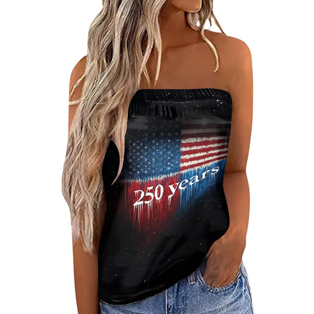 Women's Summer Sexy Strapless Off-Shoulder Elastic Band Design Independence Day Print Top