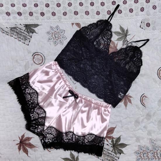 2 Pcs/Set Lady Pajamas Satin Bow Sleeveless Crop Top See-Through Lace Patchwork
