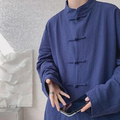 Ľanová košeľa a Tang oblek v čínskom štýle pre mužov - Zhongshan oblek, Hanfu, Nový čajový oblek, Dlhá róba, Bunda