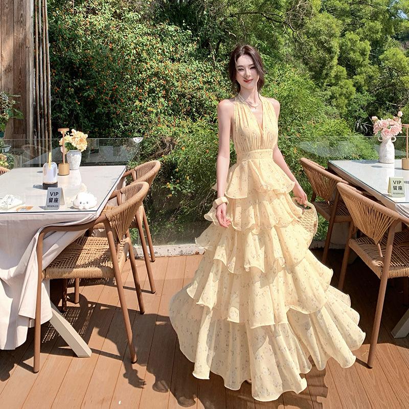 French holiday style yellow printing neck chiffon cake long dress women s V-neck dress spot real shot S