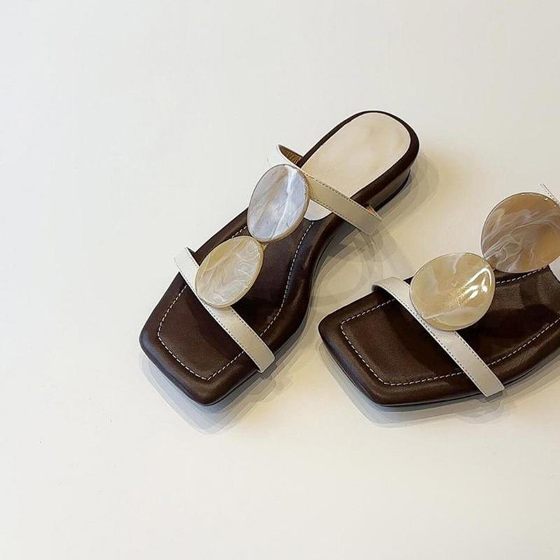 Sheepskin version~ New one-word with square head, open-toed cool slippers, women's retro flat-bottomed slippers