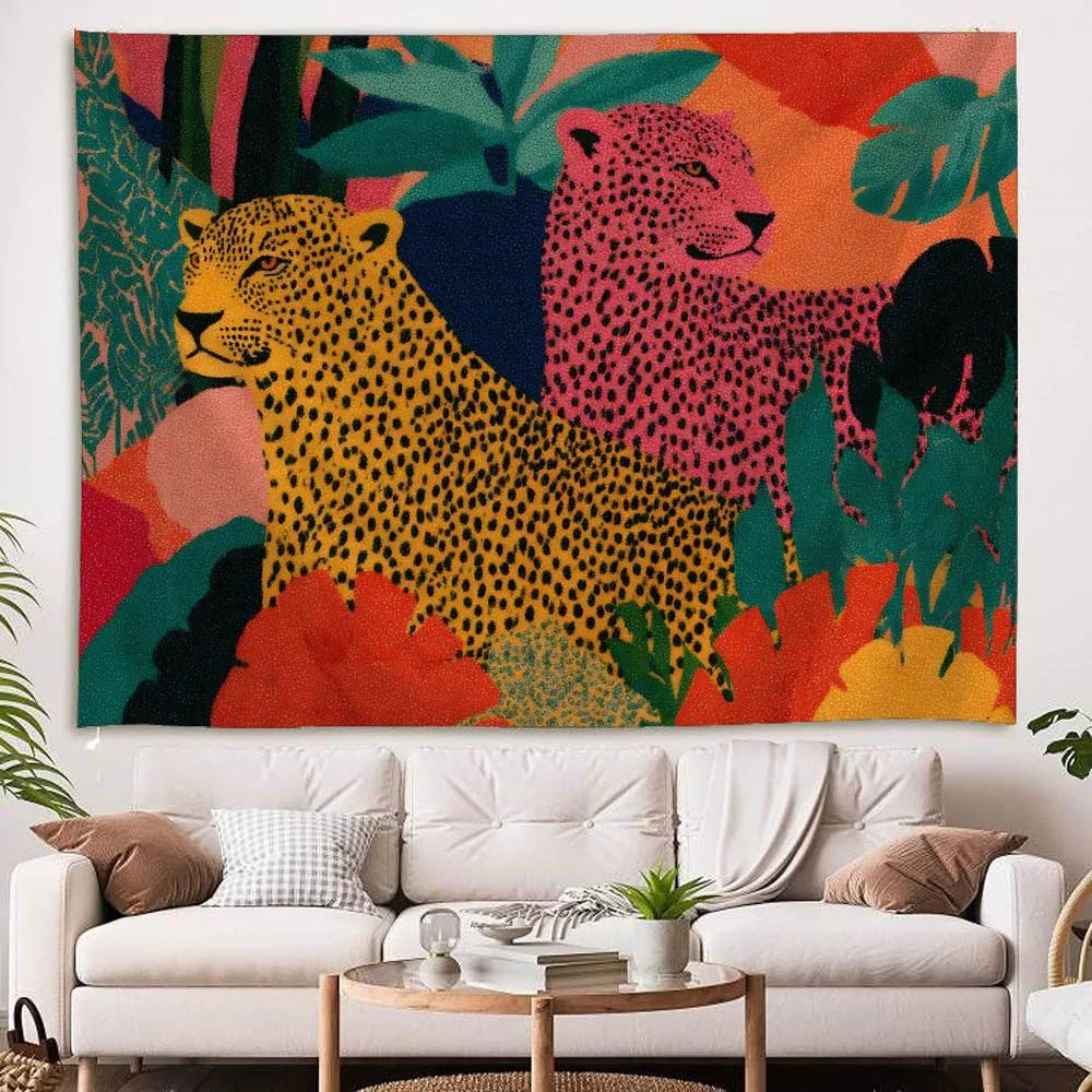 European Cheetah Art Tapesty Flower Tropical Plant Fabric Wall Hanging Home Dormitory Bedside Decorative Tapestry