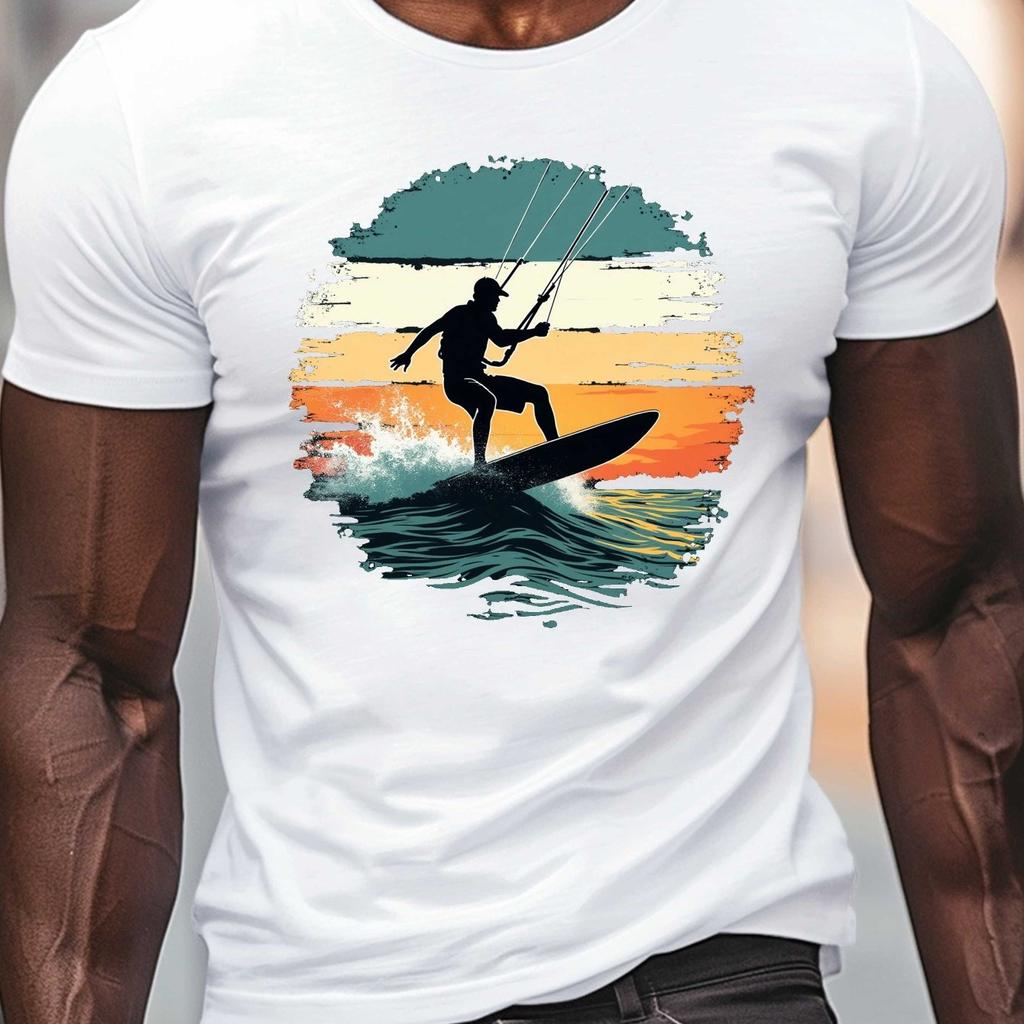 Kitesurfing Sunset Graphic Tee Men Breathable Cotton Casual Short Sleeve TShirt Outdoor Watersports