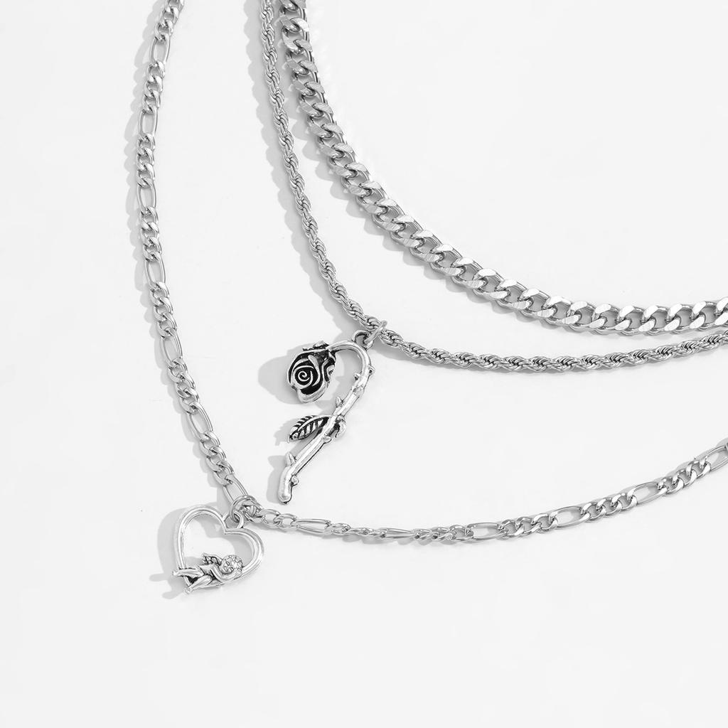 Necklace for Men New Rose Flower Pendant Personality Simple Metal Sweater Chain Minimalist Style Street Style Multi-layer Necklace