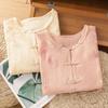 Retro Button Cotton and Linen Shirt Women's Summer New Temperament Embroidered Cotton and Linen Top Medium Sleeve Tea Clothes Shirt