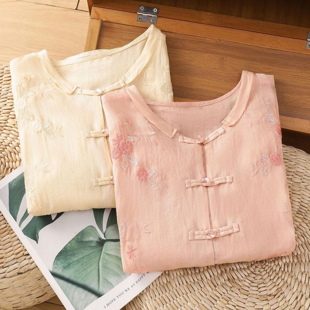 Retro Button Cotton and Linen Shirt Women's Summer New Temperament Embroidered Cotton and Linen Top Medium Sleeve Tea Clothes Shirt