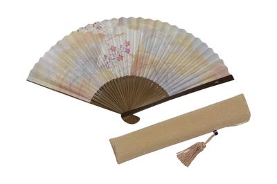 Kyoto Fan Handmade by Kyoto Fan with Fan Bag Paper Box Included [Hasegawa] "Kikyou" Double-sided Pattern, Craftsmen, Tassels, Beige, Included,