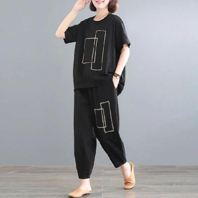 Plus Size Suit Women's Summer Clothes Cover Belly Loose and Thin Casual Sports Two-piece Suit