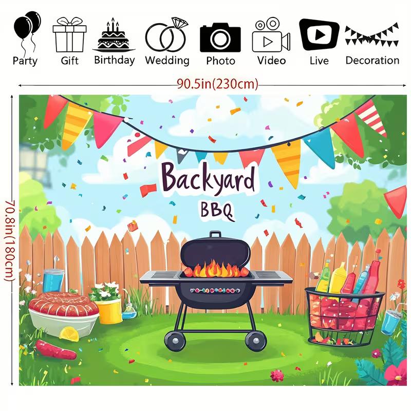 2D BBQ Party Background Cloth, Cartoon Grill and Backyard Decor