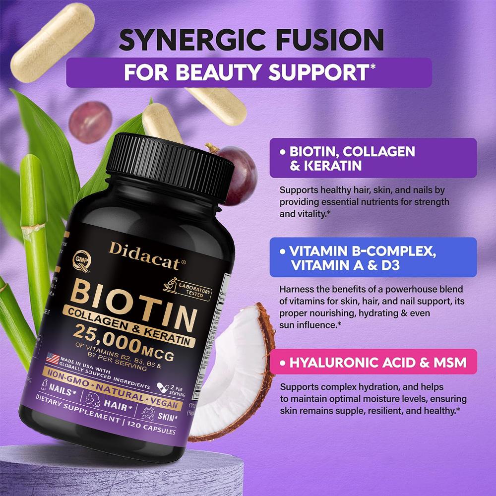 Didacat Biotin Collagen & Keratin 25000MCG, 120 Capsules for Hair Skin & Nails Support Vitamin B Complex