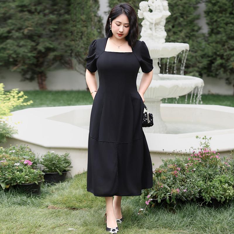 Plus Size Women's Summer Square Neck Simple Split Slim Medium Long Dress