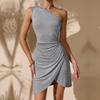 Women Summer Single Shoulder Pure Color One Piece Dress