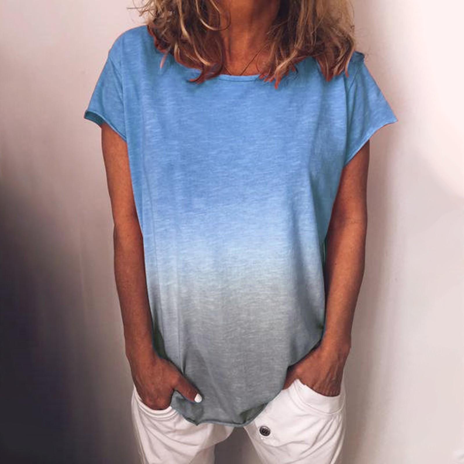 

Женская футболка, летние рубашки с коротким рукавом, повседневные свободные базовые топы с круглым вырезом и градиентом, повседневные блузки, топы XXXXL синий