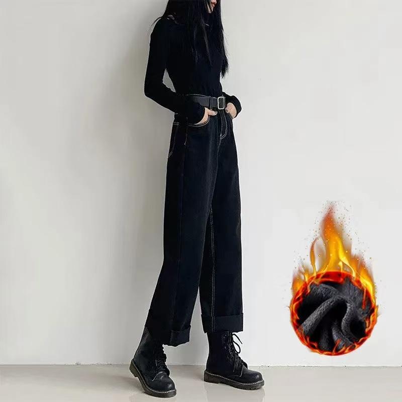 Black Straight Harem Women Jeans Spring Autumn New Preppy Style Youth Bright Line Decoration Loose High Waist Casual Pants